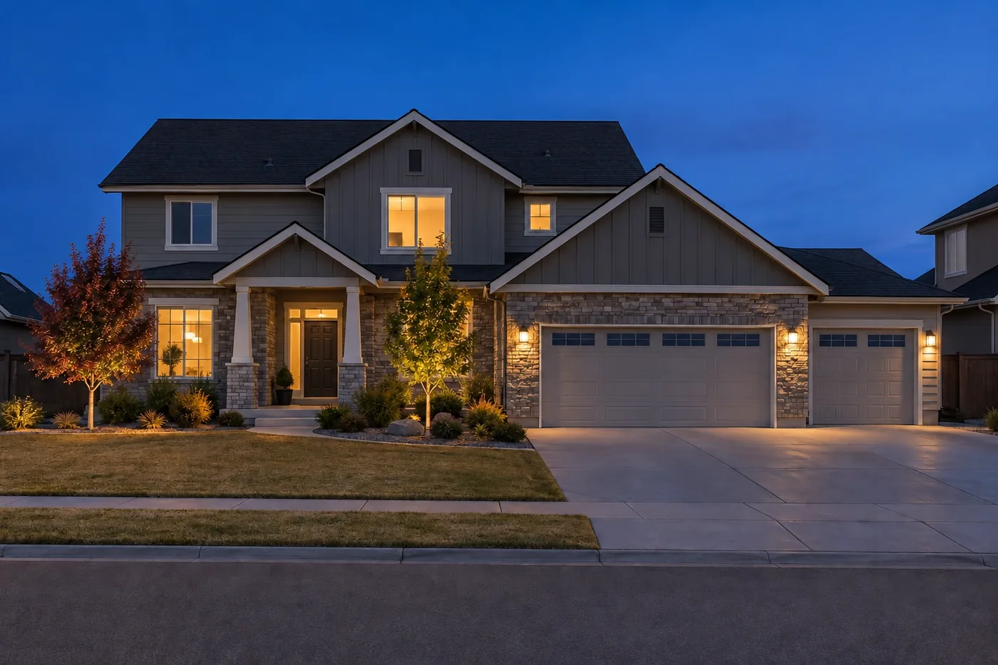 A home at dusk with the Christmas lights switched off