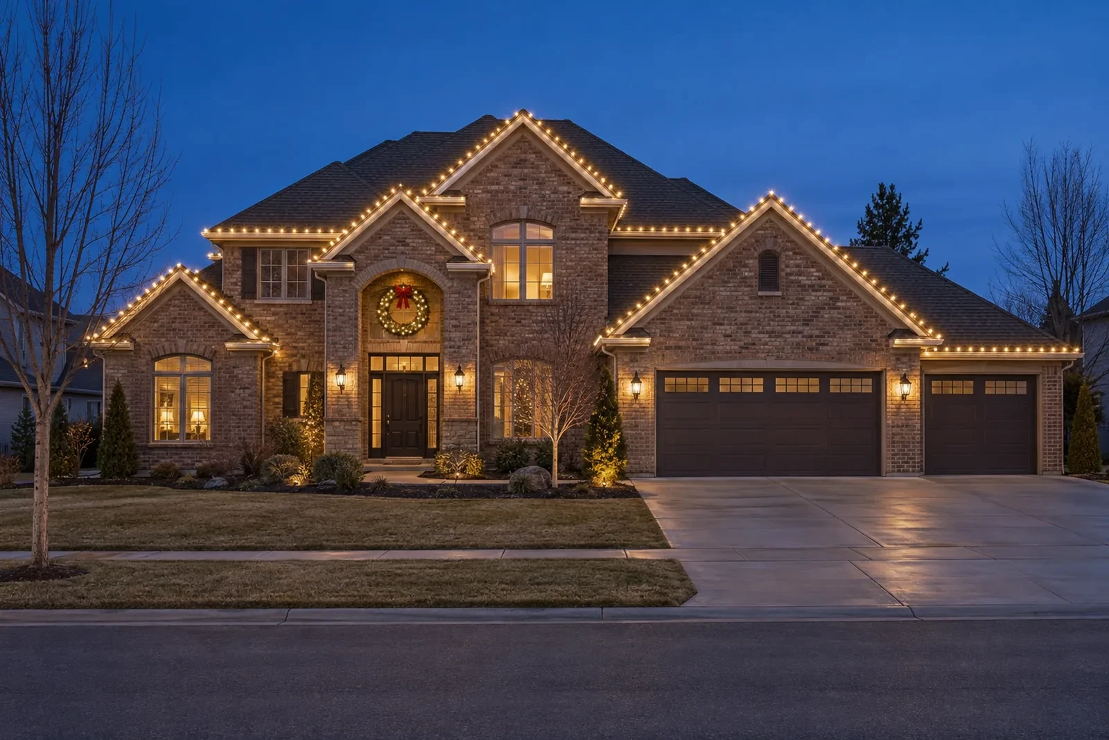 A brick two-story with warm white roofline lights and a large lit wreath over the entry